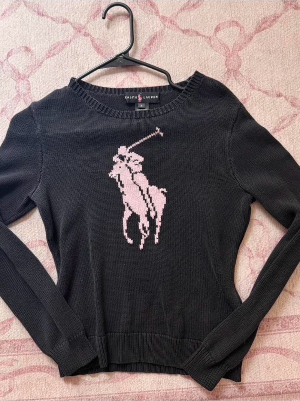 Ralph Lauren Black Crewneck Sweater with Pink Polo Logo